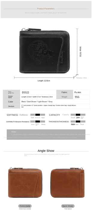 NNEDSZ Dark Brown Men's Leather Wallet with Zipper and Horse Embossed Design -  Compact and Stylish-3