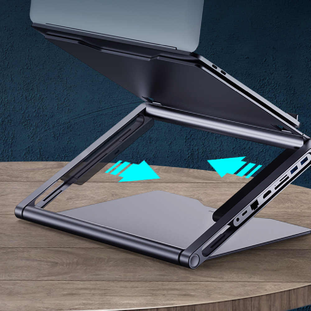 Laptop Stand with 8-in-1 Docking Station – Multiport Hub with USB, HDMI, Ethernet, SD Card Reader, and Fast Charging Support